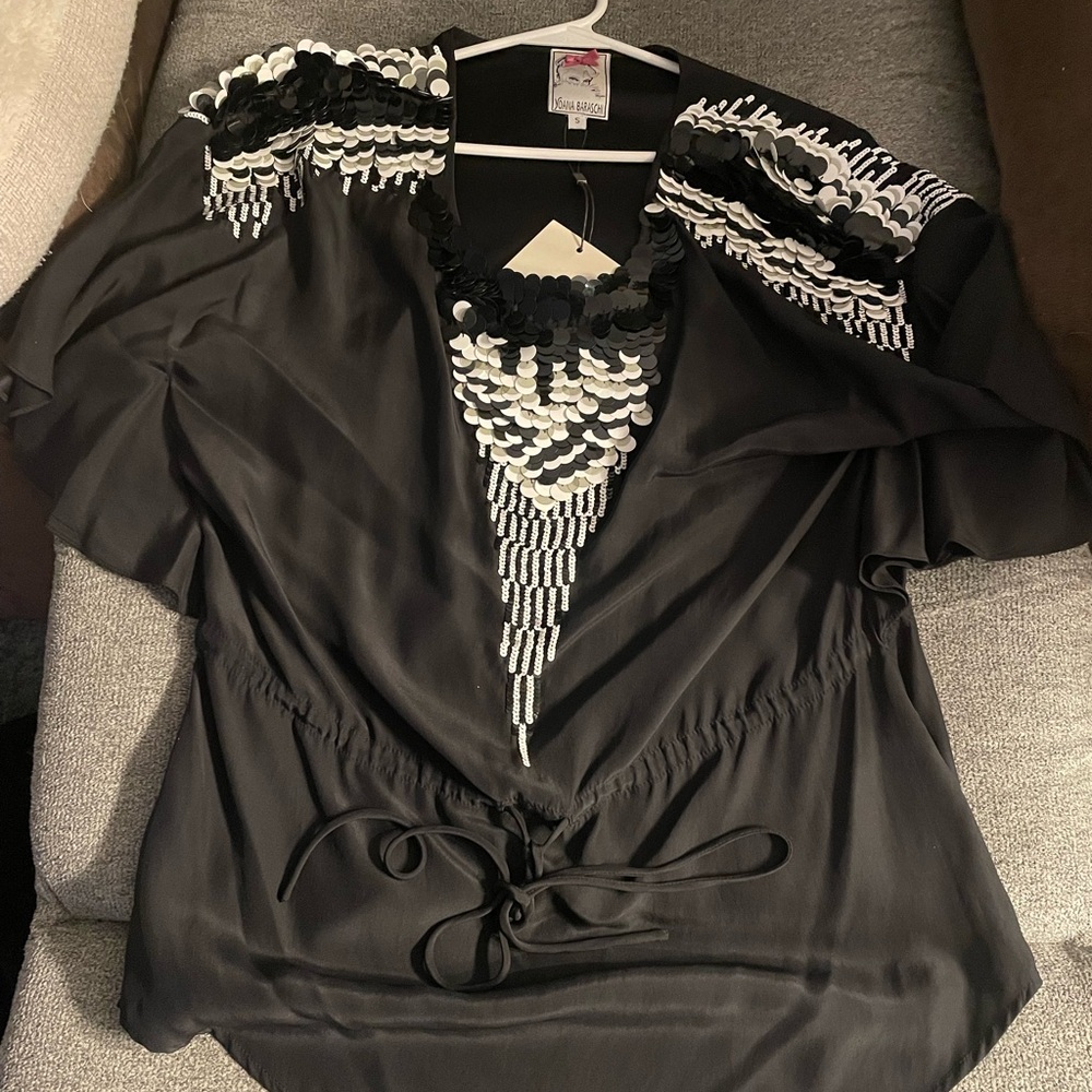 Yoana Baraschi Black White Sequined Top Blouse Women Small New With Tags